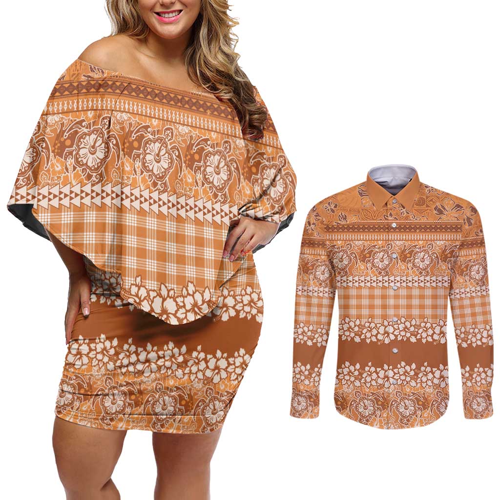Hawaiian Hibiscus Honu Couples Matching Off Shoulder Short Dress and Long Sleeve Button Shirt Gold Mele Kalikimaka Palaka Spirit LT9 Gold - Polynesian Pride