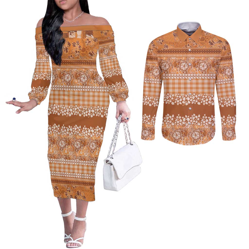 Hawaiian Hibiscus Honu Couples Matching Off The Shoulder Long Sleeve Dress and Long Sleeve Button Shirt Gold Mele Kalikimaka Palaka Spirit LT9 Gold - Polynesian Pride