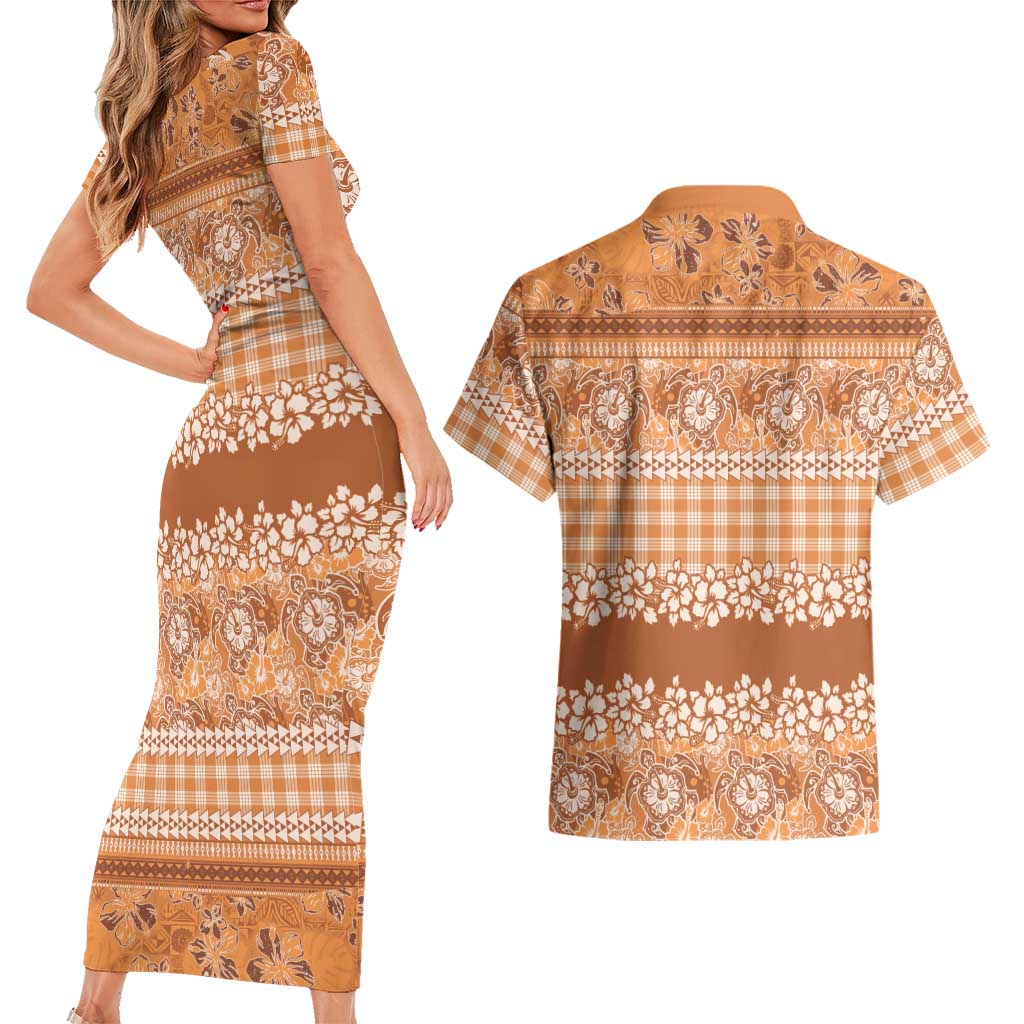 Hawaiian Hibiscus Honu Couples Matching Short Sleeve Bodycon Dress and Hawaiian Shirt Gold Mele Kalikimaka Palaka Spirit LT9 - Polynesian Pride