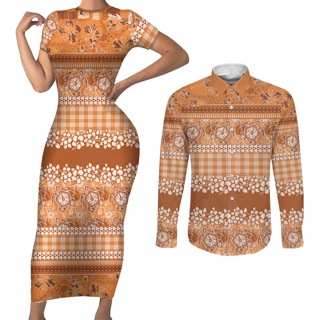 Hawaiian Hibiscus Honu Couples Matching Short Sleeve Bodycon Dress and Long Sleeve Button Shirt Gold Mele Kalikimaka Palaka Spirit LT9 Gold - Polynesian Pride