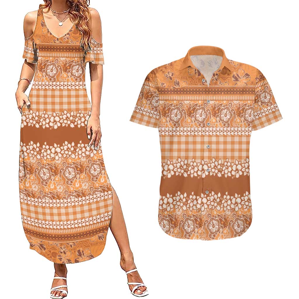 Hawaiian Hibiscus Honu Couples Matching Summer Maxi Dress and Hawaiian Shirt Gold Mele Kalikimaka Palaka Spirit LT9 Gold - Polynesian Pride