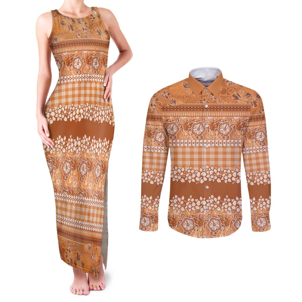 Hawaiian Hibiscus Honu Couples Matching Tank Maxi Dress and Long Sleeve Button Shirt Gold Mele Kalikimaka Palaka Spirit LT9 Gold - Polynesian Pride