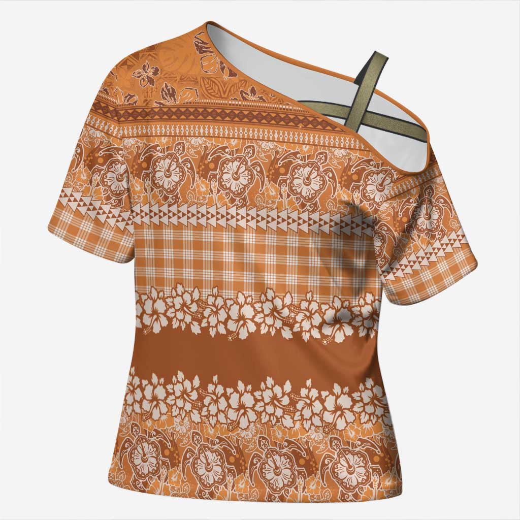 Hawaiian Hibiscus Honu Cross Shoulder Shirt Gold Mele Kalikimaka Palaka Spirit LT9 Female Gold - Polynesian Pride