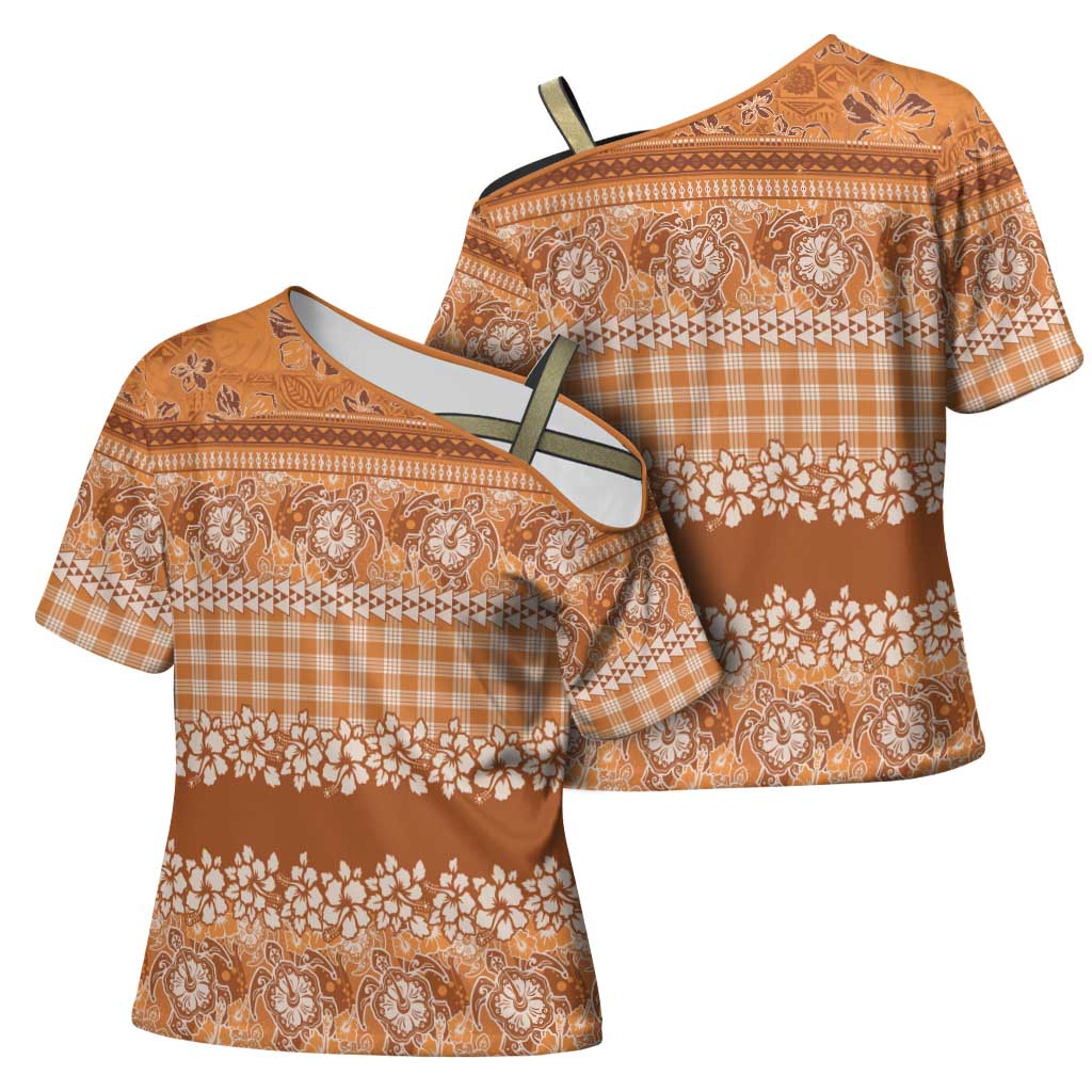 Hawaiian Hibiscus Honu Cross Shoulder Shirt Gold Mele Kalikimaka Palaka Spirit LT9 - Polynesian Pride