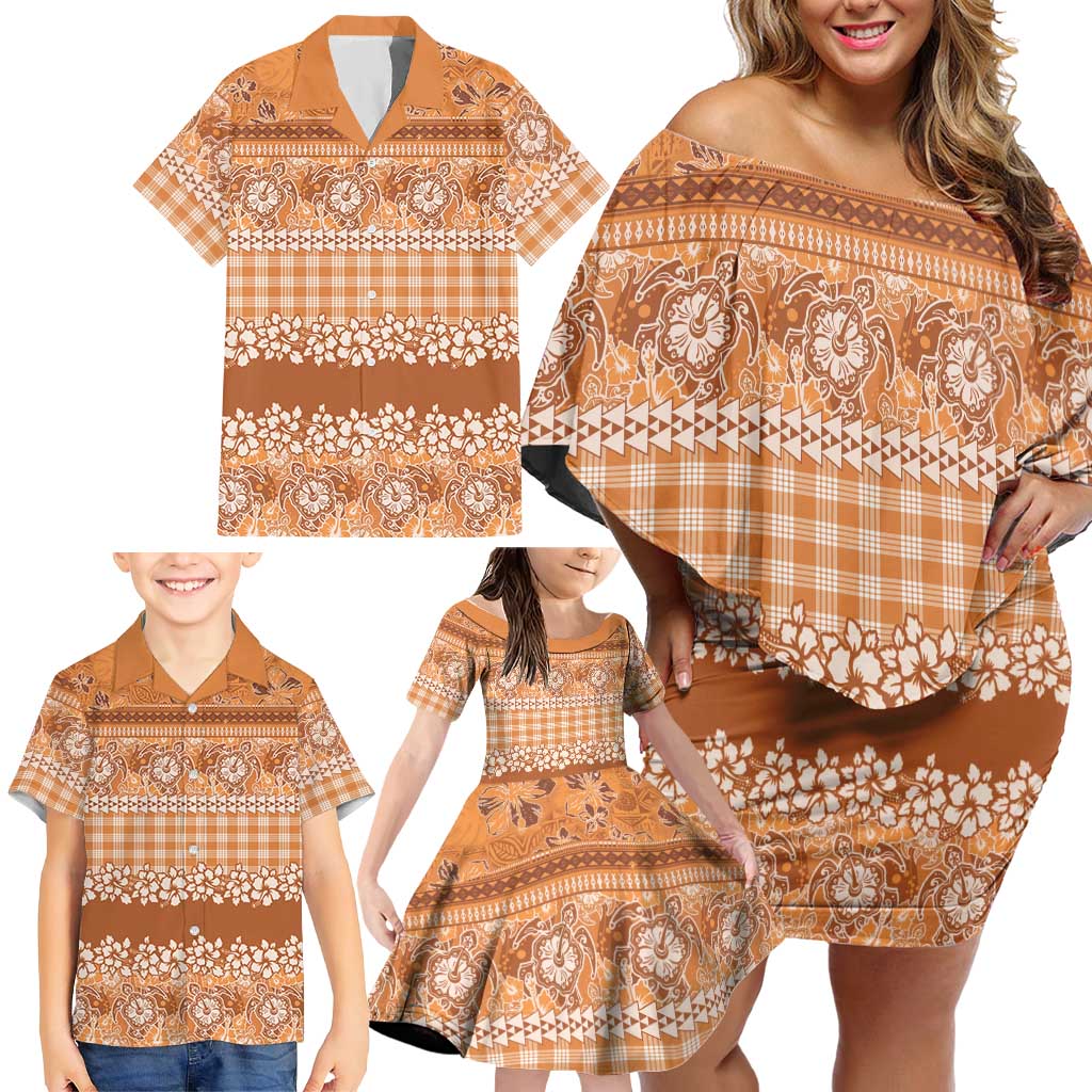 Hawaiian Hibiscus Honu Family Matching Off Shoulder Short Dress and Hawaiian Shirt Gold Mele Kalikimaka Palaka Spirit LT9 - Polynesian Pride