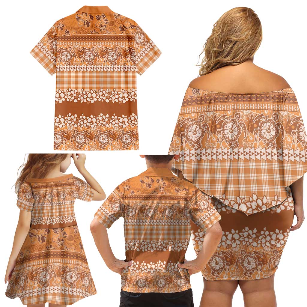 Hawaiian Hibiscus Honu Family Matching Off Shoulder Short Dress and Hawaiian Shirt Gold Mele Kalikimaka Palaka Spirit LT9 - Polynesian Pride