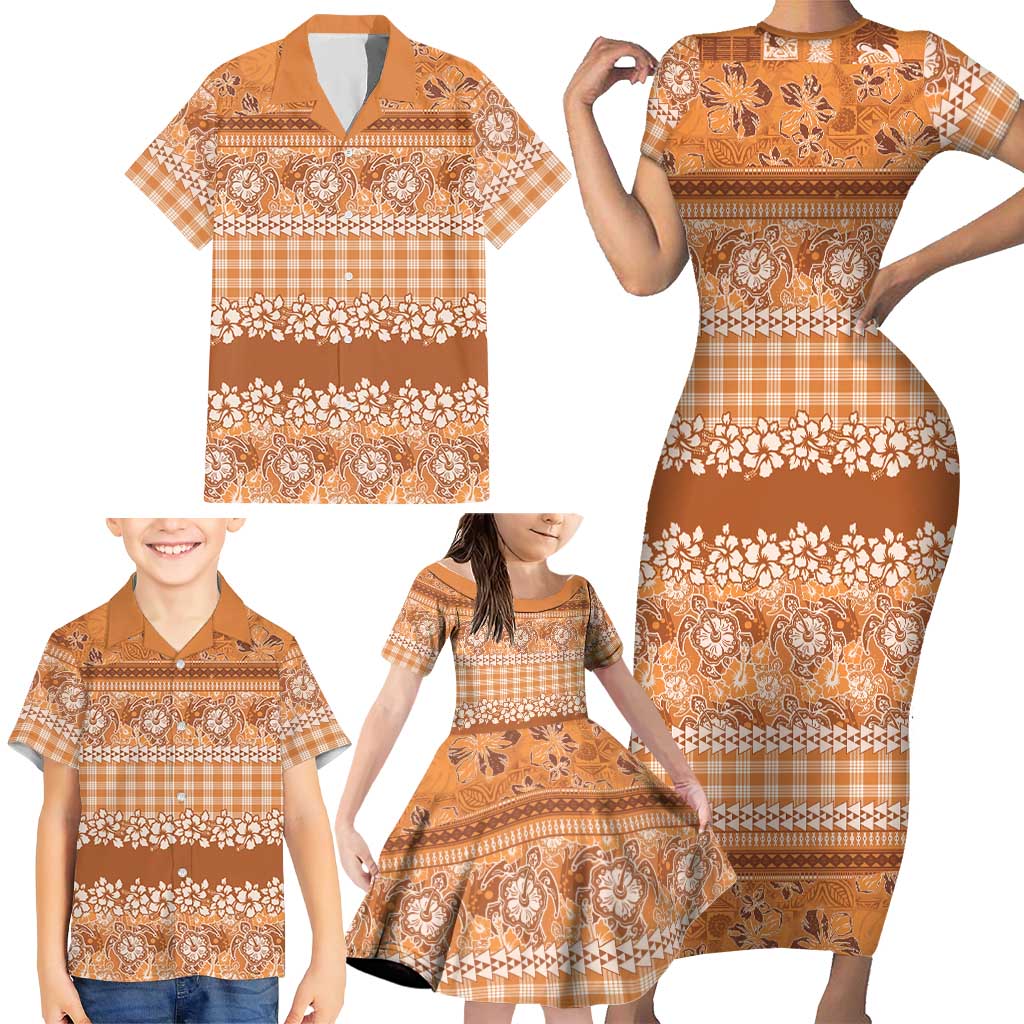 Hawaiian Hibiscus Honu Family Matching Short Sleeve Bodycon Dress and Hawaiian Shirt Gold Mele Kalikimaka Palaka Spirit LT9 - Polynesian Pride