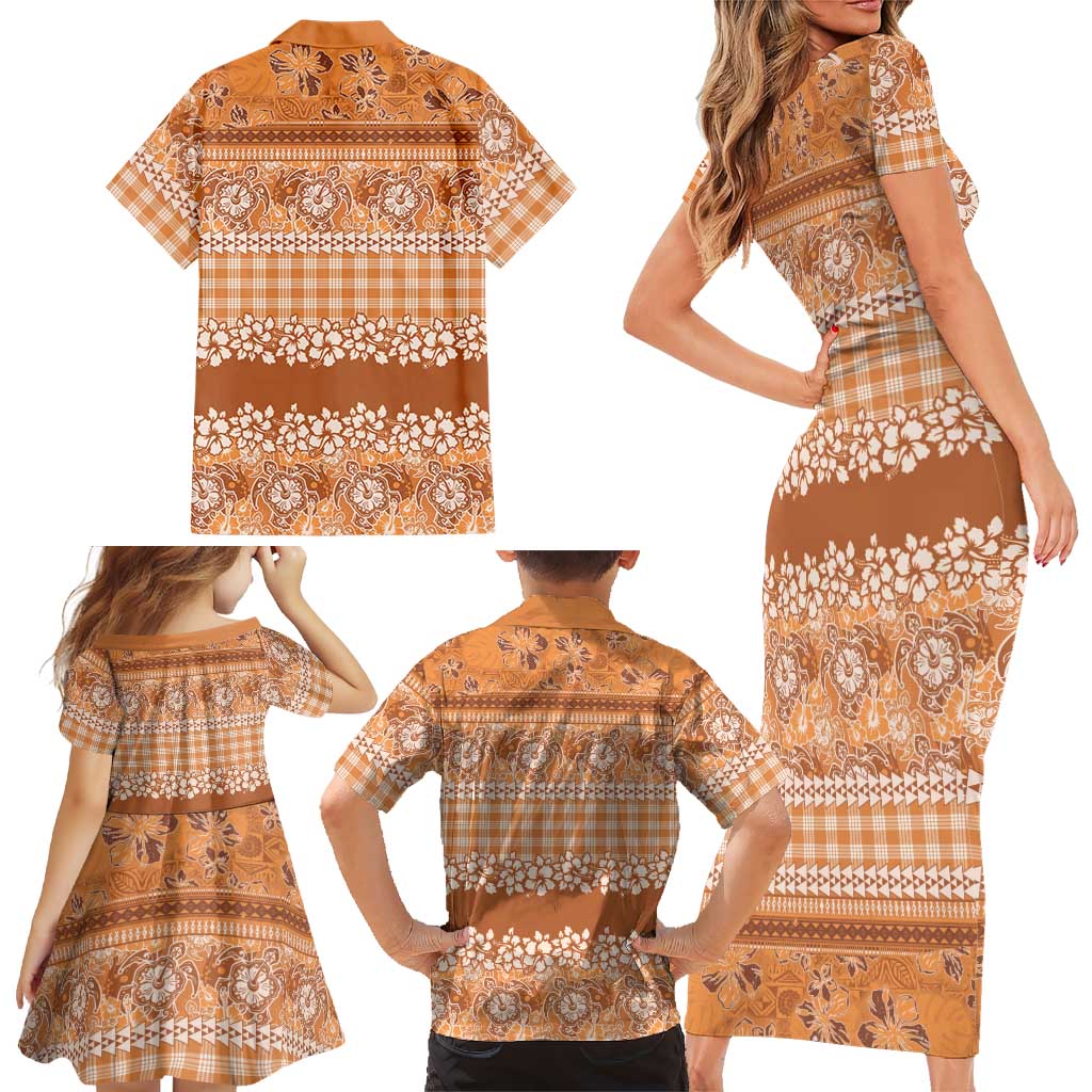 Hawaiian Hibiscus Honu Family Matching Short Sleeve Bodycon Dress and Hawaiian Shirt Gold Mele Kalikimaka Palaka Spirit LT9 - Polynesian Pride