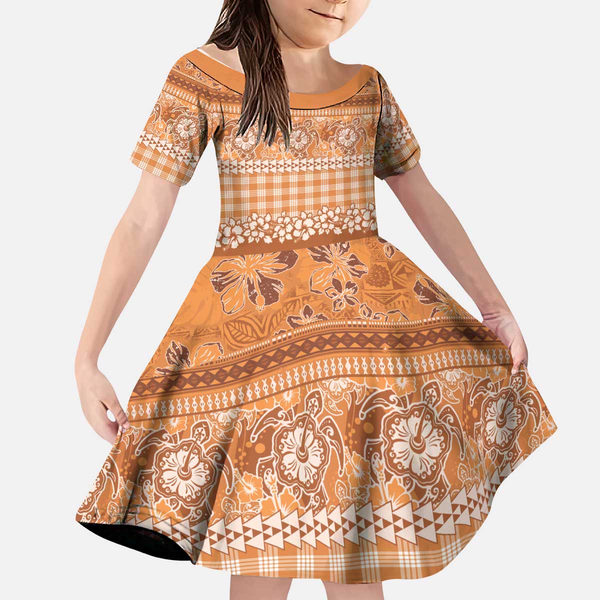 Hawaiian Hibiscus Honu Kid Short Sleeve Dress Gold Mele Kalikimaka Palaka Spirit - Polynesian Pride