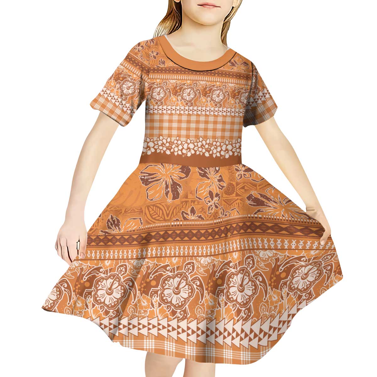 Hawaiian Hibiscus Honu Kid Short Sleeve Dress Gold Mele Kalikimaka Palaka Spirit LT9 - Polynesian Pride