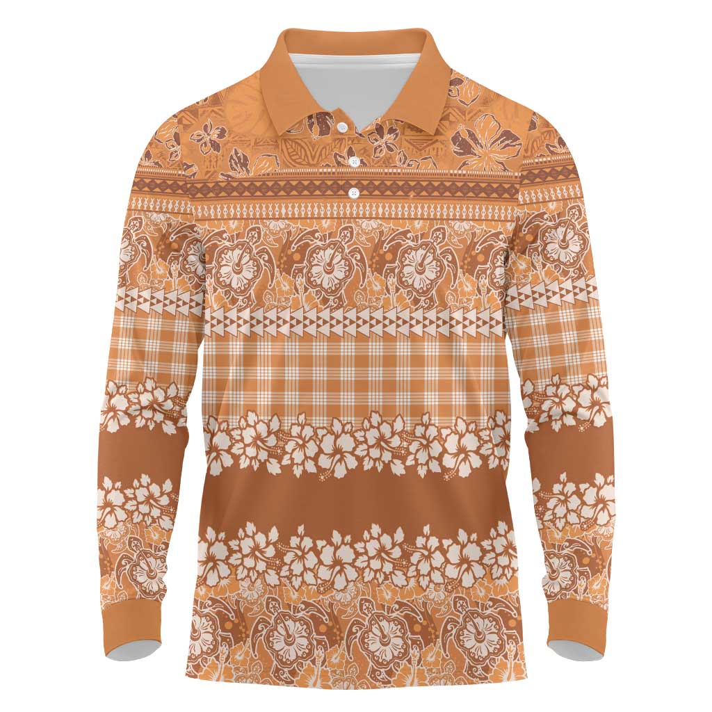 Hawaiian Hibiscus Honu Long Sleeve Polo Shirt Gold Mele Kalikimaka Palaka Spirit - Polynesian Pride