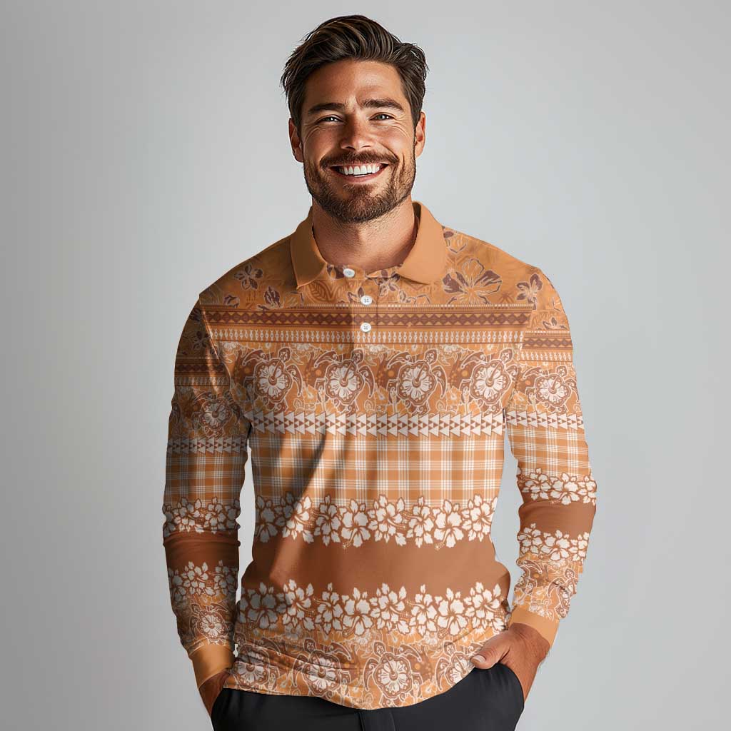 Hawaiian Hibiscus Honu Long Sleeve Polo Shirt Gold Mele Kalikimaka Palaka Spirit LT9 - Polynesian Pride