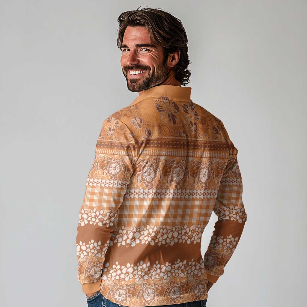 Hawaiian Hibiscus Honu Long Sleeve Polo Shirt Gold Mele Kalikimaka Palaka Spirit LT9 - Polynesian Pride