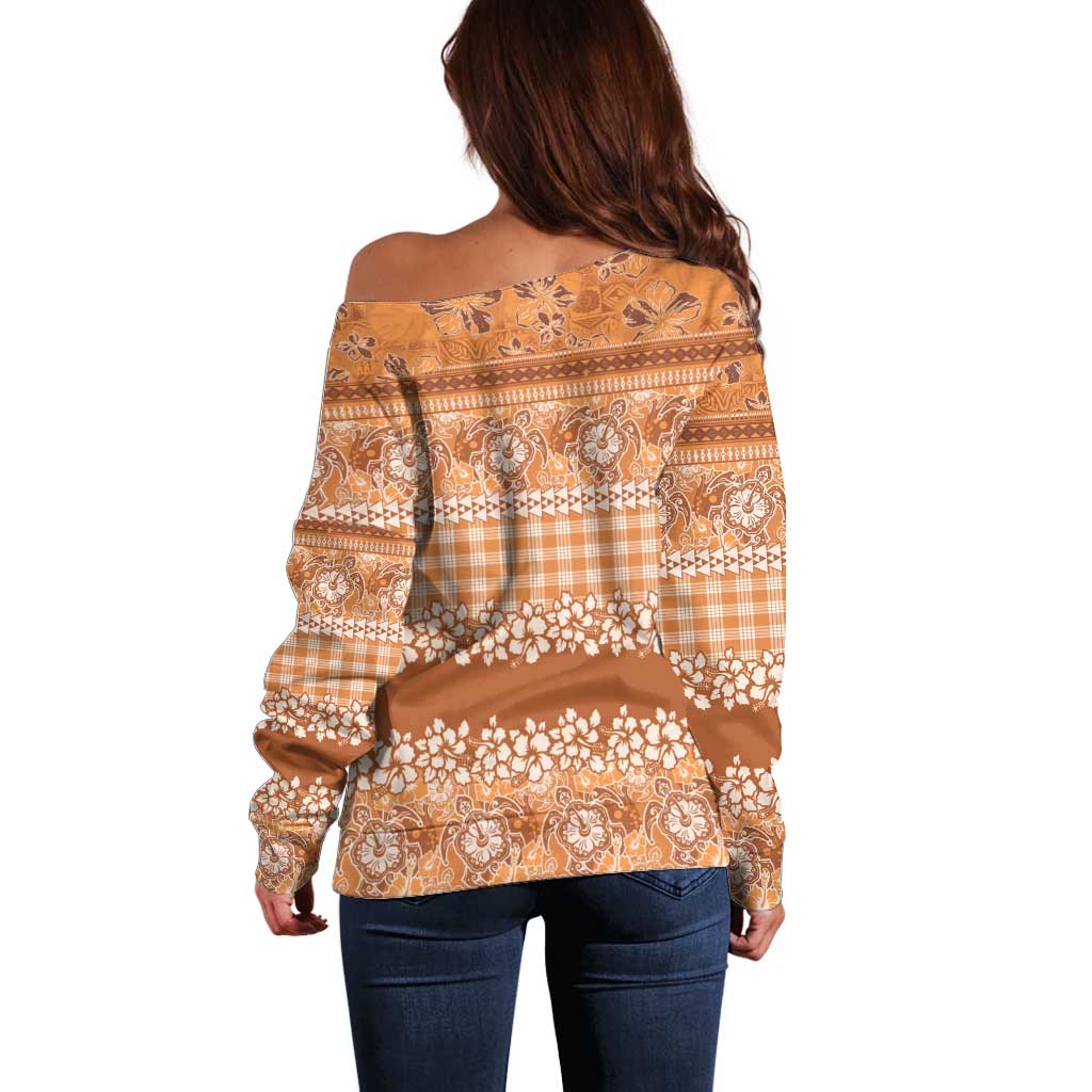 Hawaiian Hibiscus Honu Off Shoulder Sweater Gold Mele Kalikimaka Palaka Spirit - Polynesian Pride