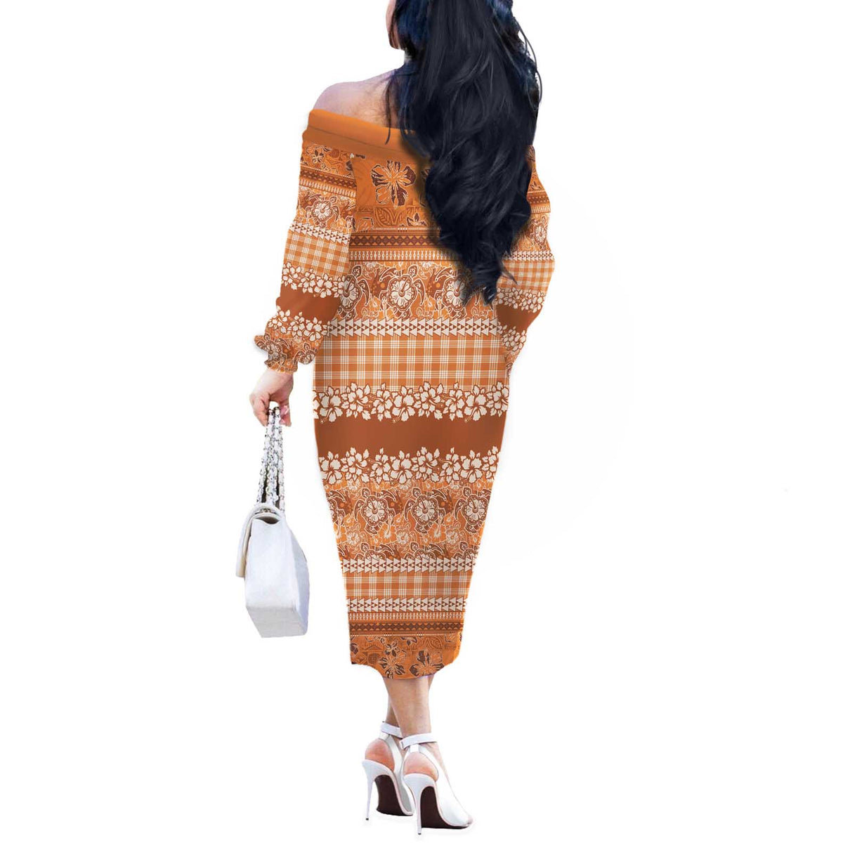 Hawaiian Hibiscus Honu Off The Shoulder Long Sleeve Dress Gold Mele Kalikimaka Palaka Spirit LT9 - Polynesian Pride