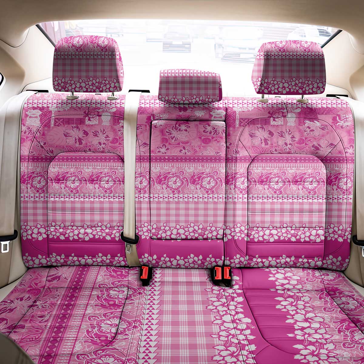 Hawaiian Hibiscus Honu Back Car Seat Cover Pink Mele Kalikimaka Palaka Spirit LT9 - Polynesian Pride