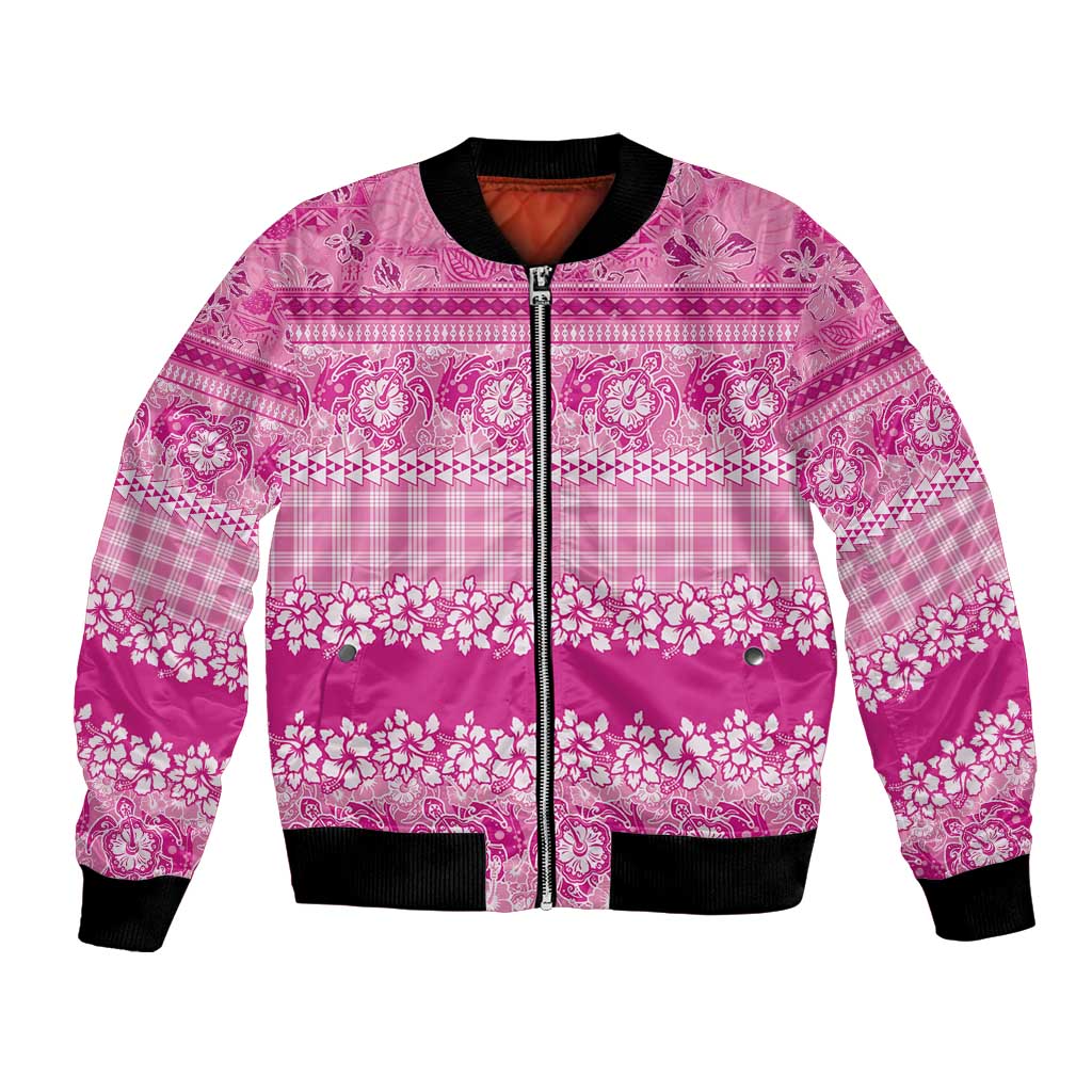 Hawaiian Hibiscus Honu Bomber Jacket Pink Mele Kalikimaka Palaka Spirit LT9 Unisex Pink - Polynesian Pride