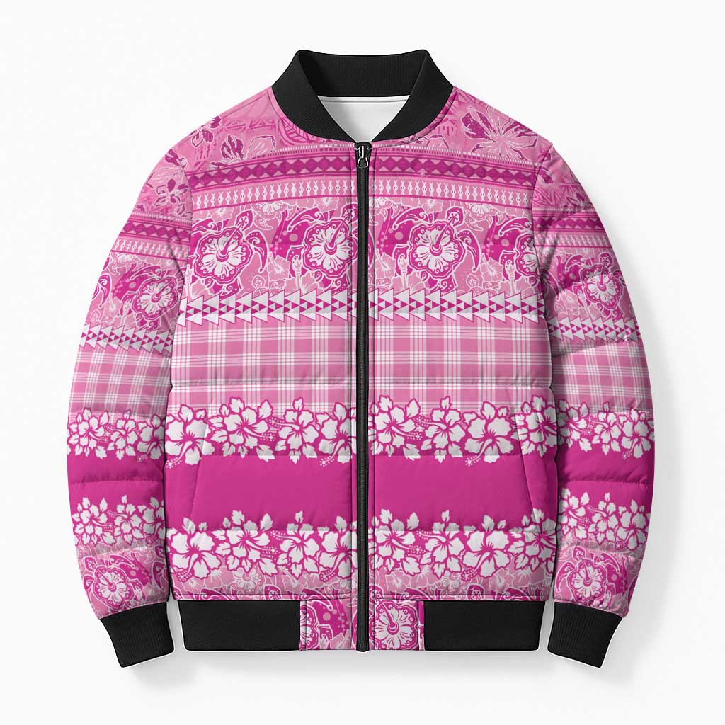 Hawaiian Hibiscus Honu Bomber Puffer Jacket Pink Mele Kalikimaka Palaka Spirit LT9 Unisex Pink - Polynesian Pride