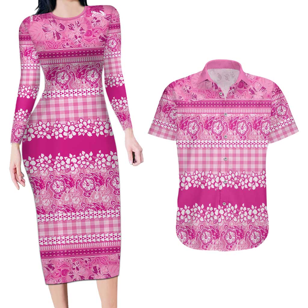 Hawaiian Hibiscus Honu Couples Matching Long Sleeve Bodycon Dress and Hawaiian Shirt Pink Mele Kalikimaka Palaka Spirit LT9 Pink - Polynesian Pride
