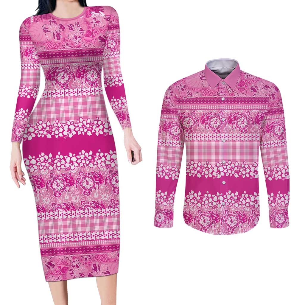 Hawaiian Hibiscus Honu Couples Matching Long Sleeve Bodycon Dress and Long Sleeve Button Shirt Pink Mele Kalikimaka Palaka Spirit LT9 Pink - Polynesian Pride