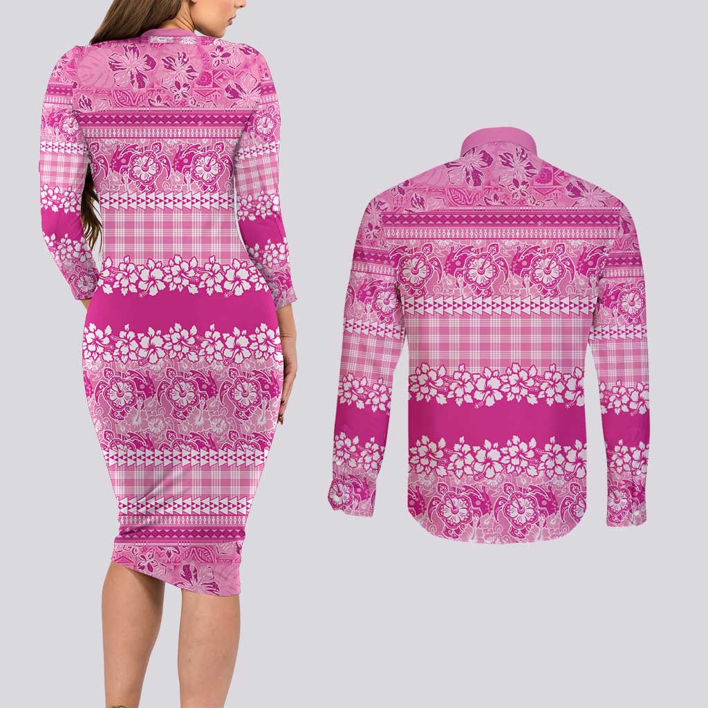 Hawaiian Hibiscus Honu Couples Matching Long Sleeve Bodycon Dress and Long Sleeve Button Shirt Pink Mele Kalikimaka Palaka Spirit LT9 - Polynesian Pride