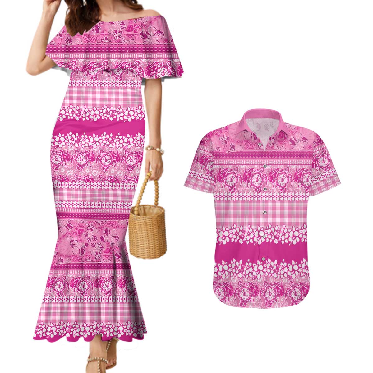 Hawaiian Hibiscus Honu Couples Matching Mermaid Dress and Hawaiian Shirt Pink Mele Kalikimaka Palaka Spirit LT9 Pink - Polynesian Pride
