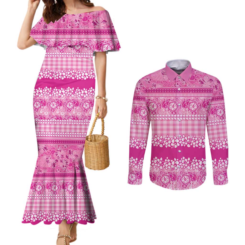 Hawaiian Hibiscus Honu Couples Matching Mermaid Dress and Long Sleeve Button Shirt Pink Mele Kalikimaka Palaka Spirit LT9 Pink - Polynesian Pride