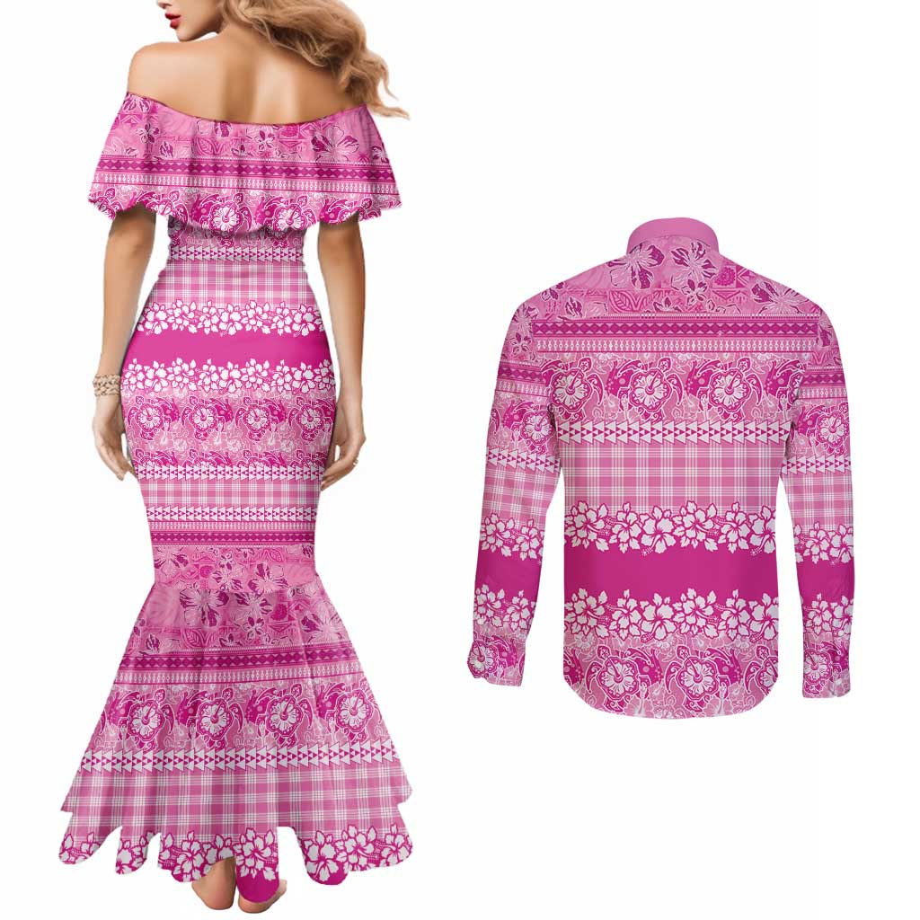 Hawaiian Hibiscus Honu Couples Matching Mermaid Dress and Long Sleeve Button Shirt Pink Mele Kalikimaka Palaka Spirit LT9 - Polynesian Pride