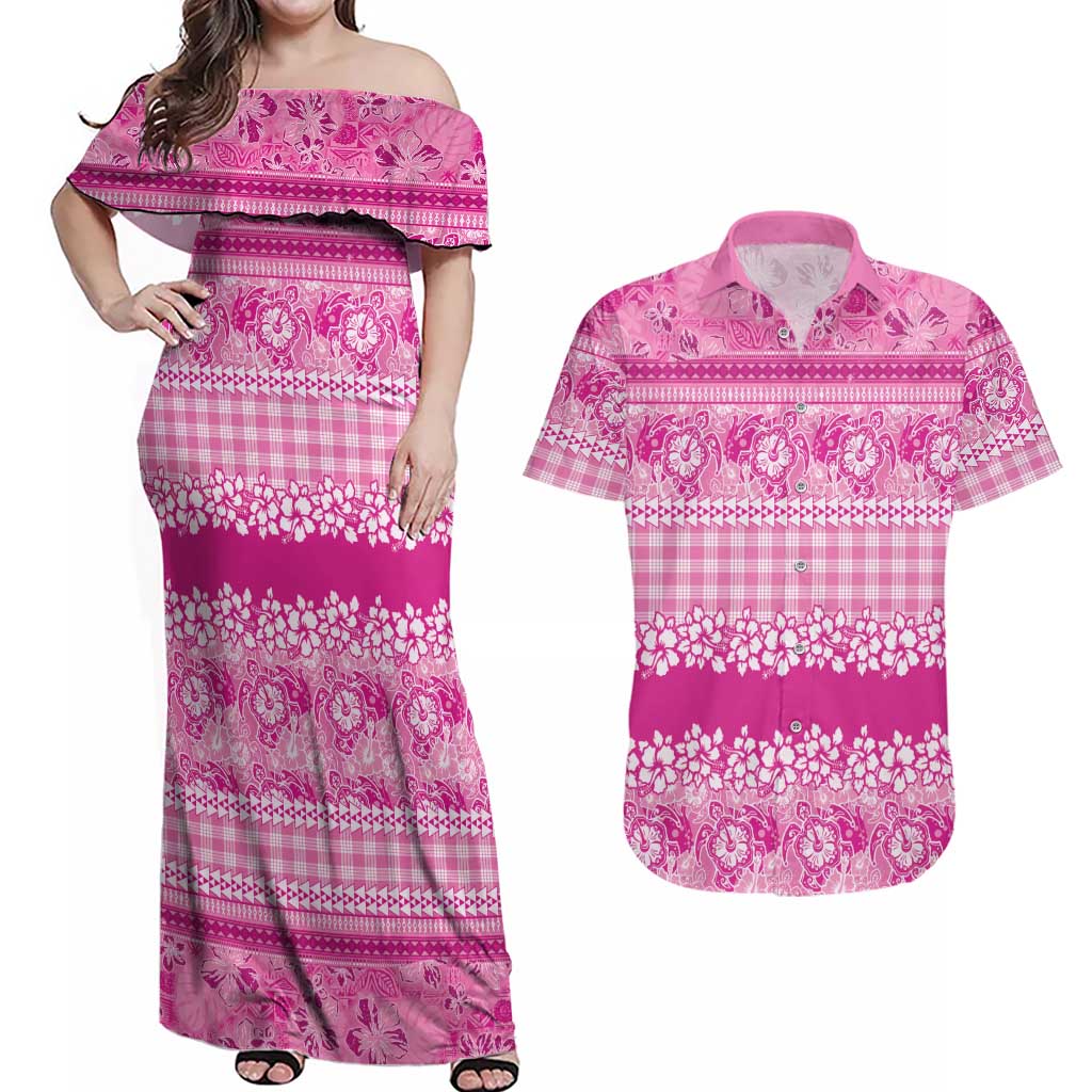 Hawaiian Hibiscus Honu Couples Matching Off Shoulder Maxi Dress and Hawaiian Shirt Pink Mele Kalikimaka Palaka Spirit LT9 Pink - Polynesian Pride