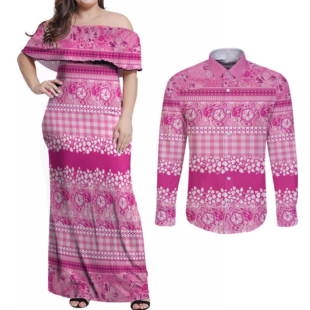 Hawaiian Hibiscus Honu Couples Matching Off Shoulder Maxi Dress and Long Sleeve Button Shirt Pink Mele Kalikimaka Palaka Spirit LT9 Pink - Polynesian Pride