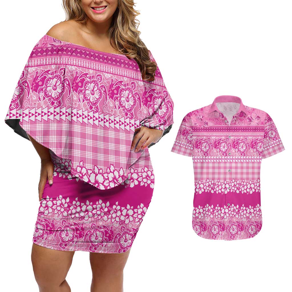 Hawaiian Hibiscus Honu Couples Matching Off Shoulder Short Dress and Hawaiian Shirt Pink Mele Kalikimaka Palaka Spirit LT9 Pink - Polynesian Pride