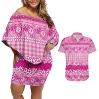Hawaiian Hibiscus Honu Couples Matching Off Shoulder Short Dress and Hawaiian Shirt Pink Mele Kalikimaka Palaka Spirit LT9 Pink - Polynesian Pride