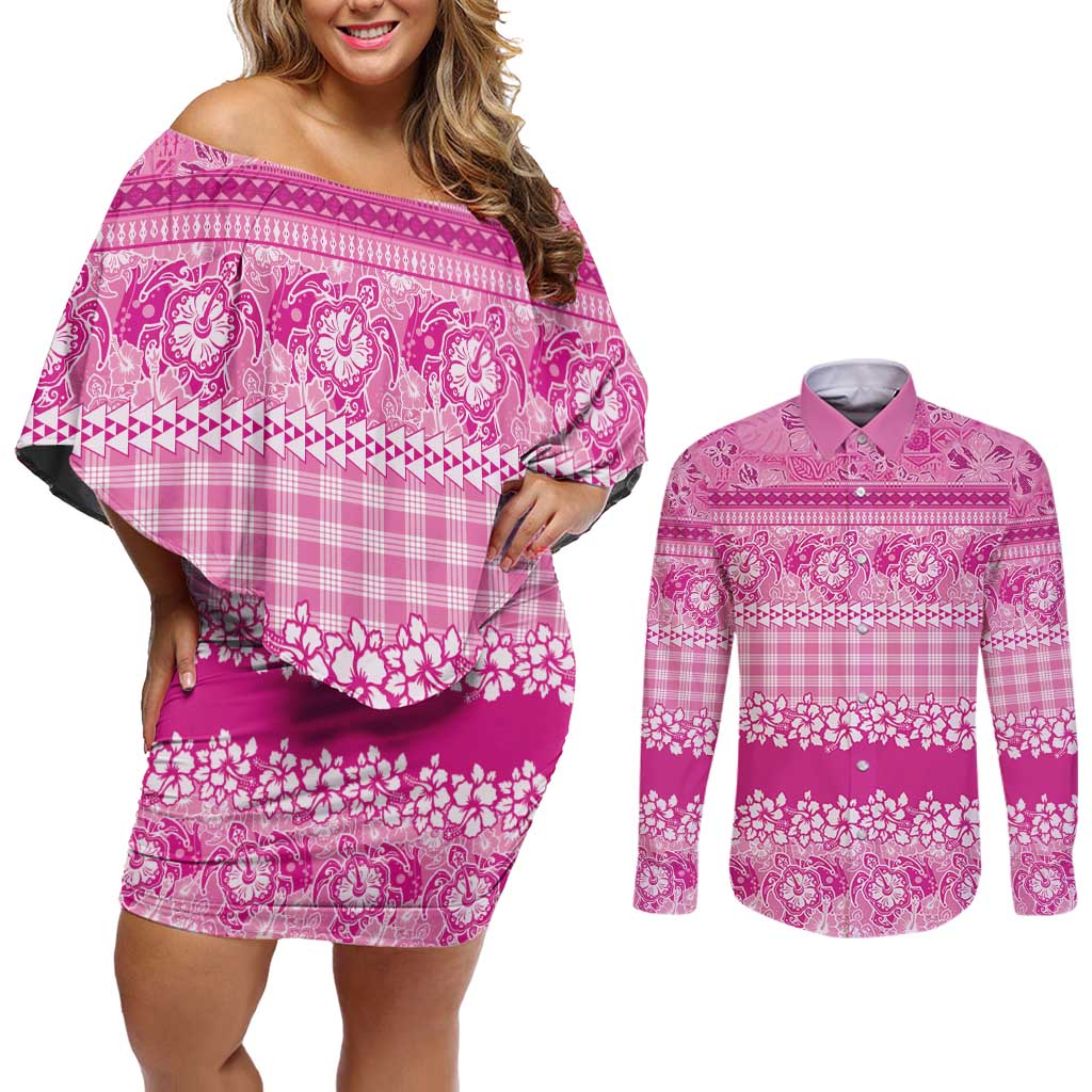 Hawaiian Hibiscus Honu Couples Matching Off Shoulder Short Dress and Long Sleeve Button Shirt Pink Mele Kalikimaka Palaka Spirit LT9 Pink - Polynesian Pride