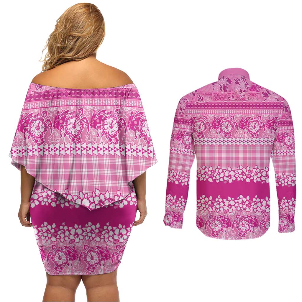 Hawaiian Hibiscus Honu Couples Matching Off Shoulder Short Dress and Long Sleeve Button Shirt Pink Mele Kalikimaka Palaka Spirit LT9 - Polynesian Pride
