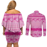 Hawaiian Hibiscus Honu Couples Matching Off Shoulder Short Dress and Long Sleeve Button Shirt Pink Mele Kalikimaka Palaka Spirit LT9 - Polynesian Pride