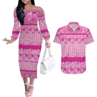 Hawaiian Hibiscus Honu Couples Matching Off The Shoulder Long Sleeve Dress and Hawaiian Shirt Pink Mele Kalikimaka Palaka Spirit LT9 Pink - Polynesian Pride