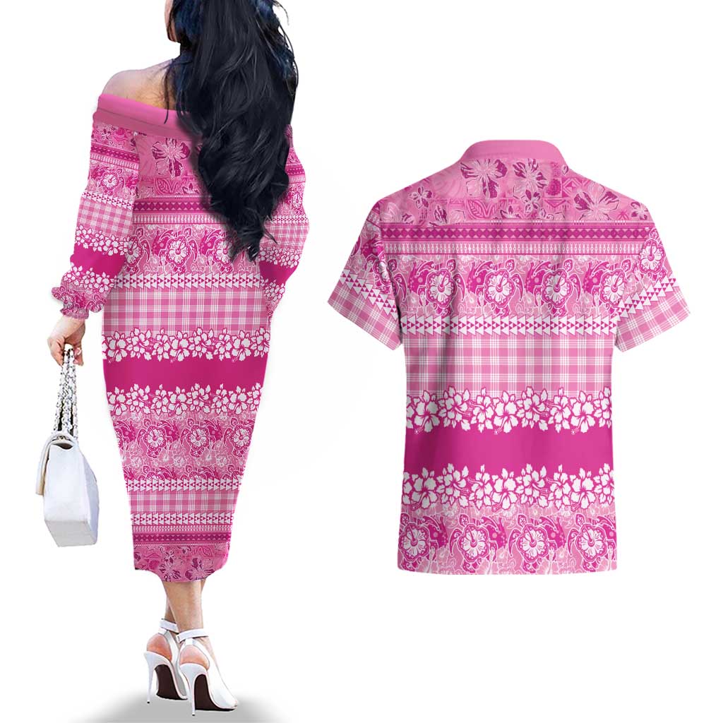Hawaiian Hibiscus Honu Couples Matching Off The Shoulder Long Sleeve Dress and Hawaiian Shirt Pink Mele Kalikimaka Palaka Spirit LT9 - Polynesian Pride