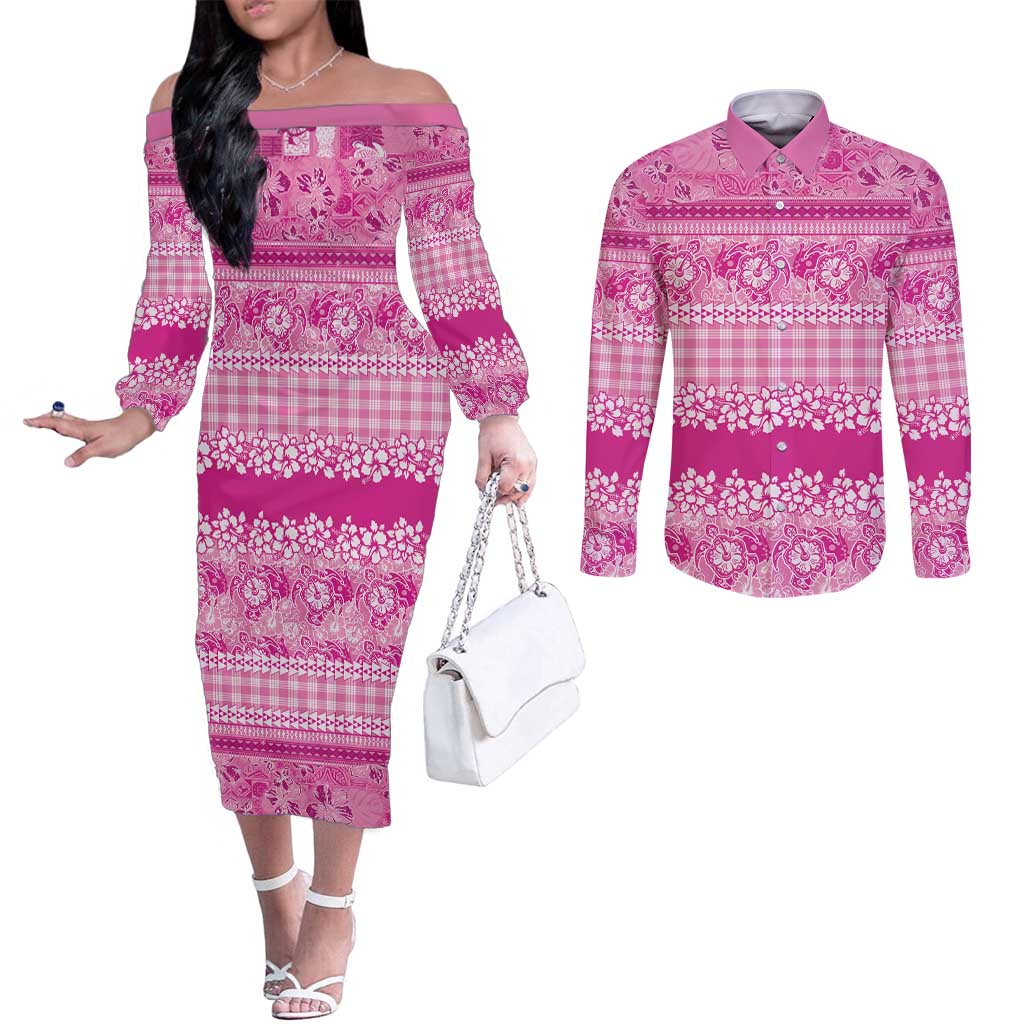 Hawaiian Hibiscus Honu Couples Matching Off The Shoulder Long Sleeve Dress and Long Sleeve Button Shirt Pink Mele Kalikimaka Palaka Spirit LT9 Pink - Polynesian Pride