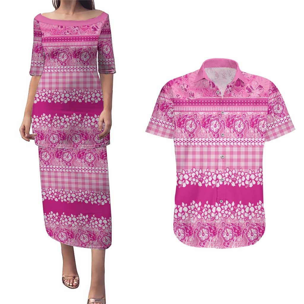 Hawaiian Hibiscus Honu Couples Matching Puletasi and Hawaiian Shirt Pink Mele Kalikimaka Palaka Spirit LT9 Pink - Polynesian Pride