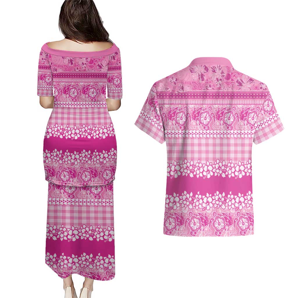 Hawaiian Hibiscus Honu Couples Matching Puletasi and Hawaiian Shirt Pink Mele Kalikimaka Palaka Spirit LT9 - Polynesian Pride