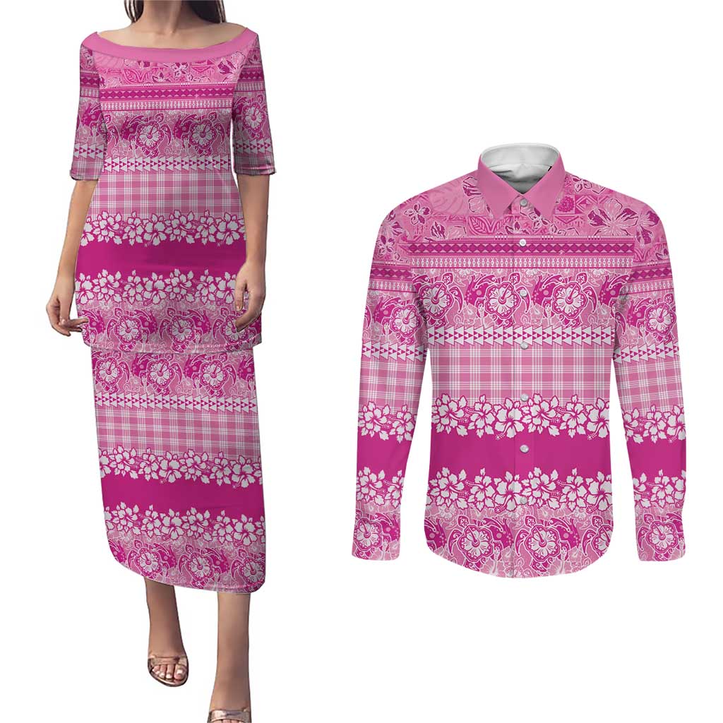 Hawaiian Hibiscus Honu Couples Matching Puletasi and Long Sleeve Button Shirt Pink Mele Kalikimaka Palaka Spirit LT9 Pink - Polynesian Pride