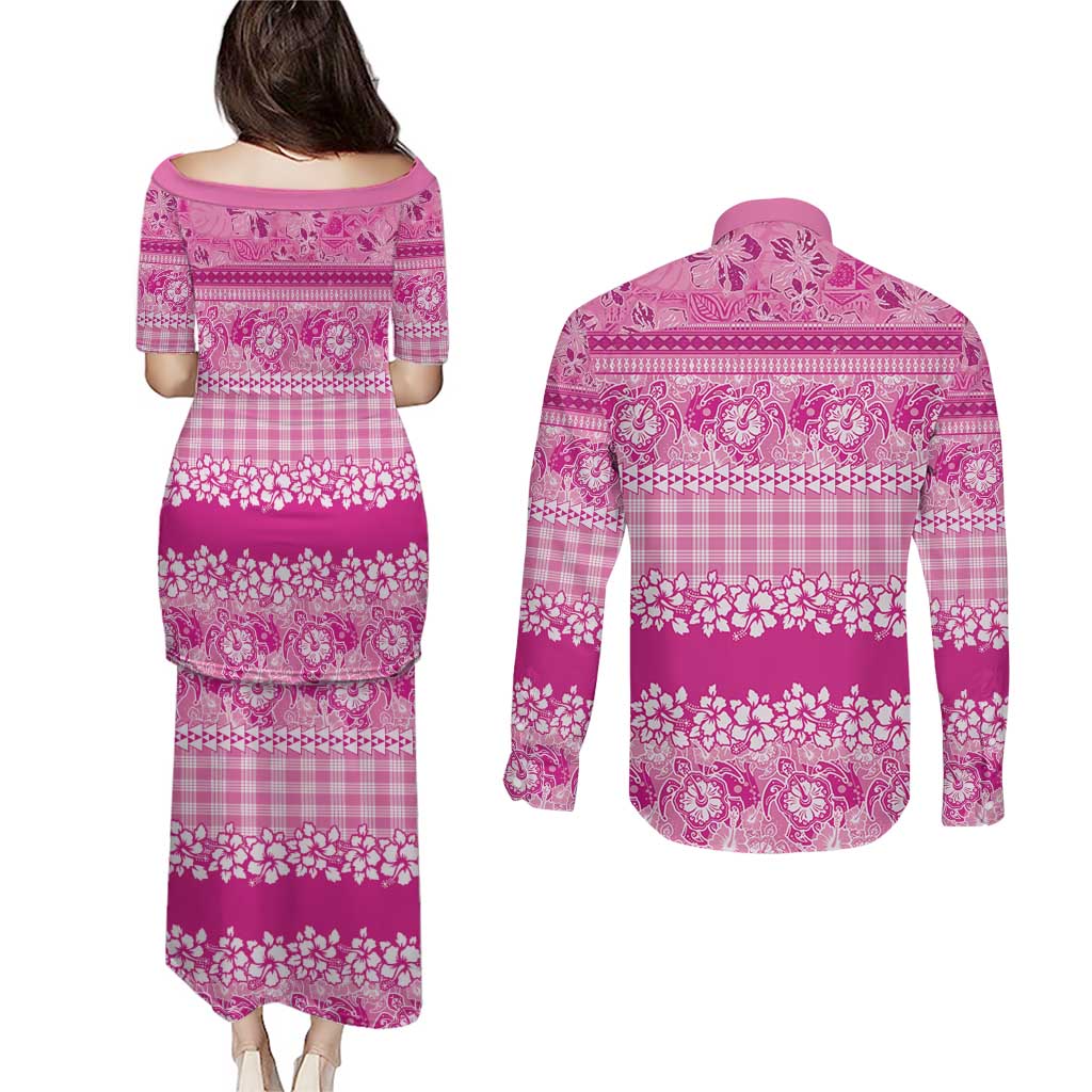 Hawaiian Hibiscus Honu Couples Matching Puletasi and Long Sleeve Button Shirt Pink Mele Kalikimaka Palaka Spirit LT9 - Polynesian Pride
