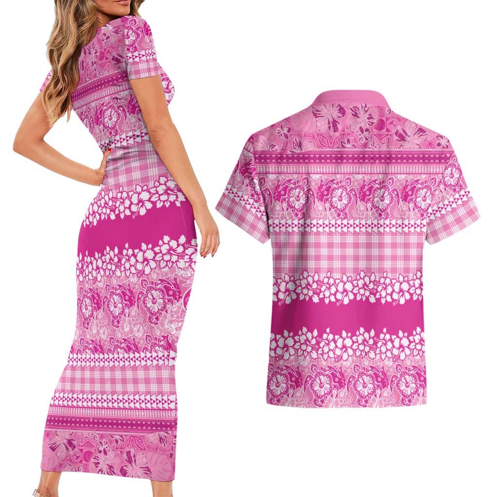 Hawaiian Hibiscus Honu Couples Matching Short Sleeve Bodycon Dress and Hawaiian Shirt Pink Mele Kalikimaka Palaka Spirit LT9 - Polynesian Pride
