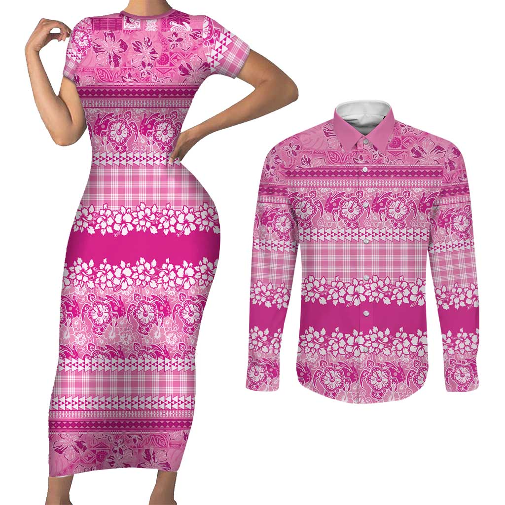 Hawaiian Hibiscus Honu Couples Matching Short Sleeve Bodycon Dress and Long Sleeve Button Shirt Pink Mele Kalikimaka Palaka Spirit LT9 Pink - Polynesian Pride