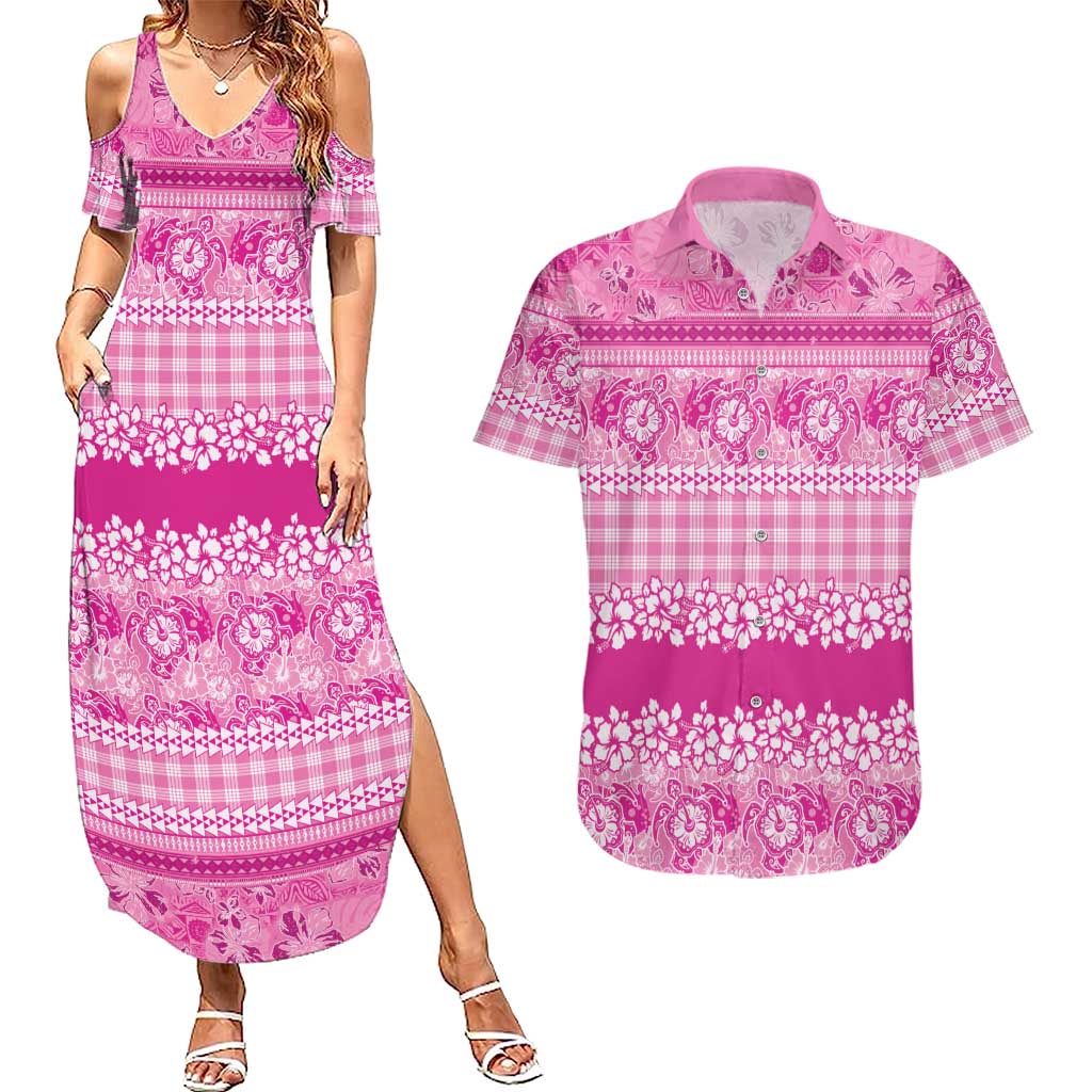 Hawaiian Hibiscus Honu Couples Matching Summer Maxi Dress and Hawaiian Shirt Pink Mele Kalikimaka Palaka Spirit LT9 Pink - Polynesian Pride