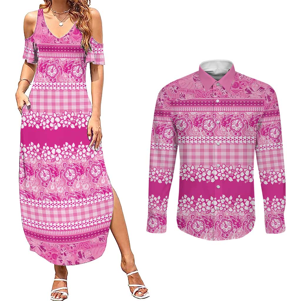 Hawaiian Hibiscus Honu Couples Matching Summer Maxi Dress and Long Sleeve Button Shirt Pink Mele Kalikimaka Palaka Spirit LT9 Pink - Polynesian Pride