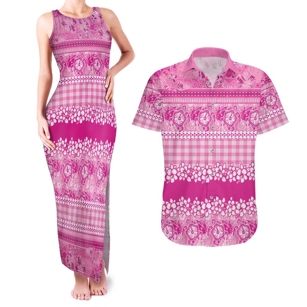 Hawaiian Hibiscus Honu Couples Matching Tank Maxi Dress and Hawaiian Shirt Pink Mele Kalikimaka Palaka Spirit LT9 Pink - Polynesian Pride