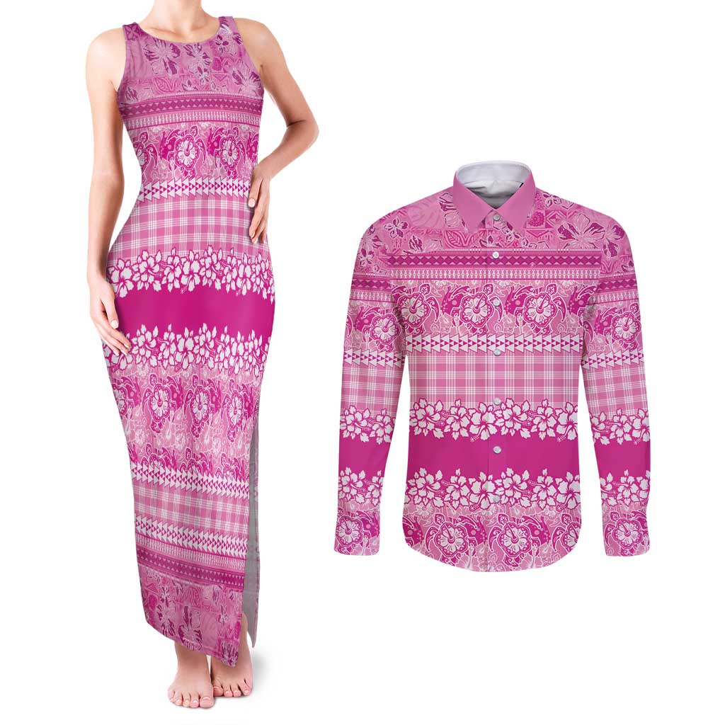 Hawaiian Hibiscus Honu Couples Matching Tank Maxi Dress and Long Sleeve Button Shirt Pink Mele Kalikimaka Palaka Spirit LT9 Pink - Polynesian Pride