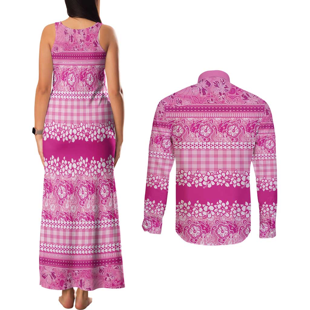 Hawaiian Hibiscus Honu Couples Matching Tank Maxi Dress and Long Sleeve Button Shirt Pink Mele Kalikimaka Palaka Spirit LT9 - Polynesian Pride
