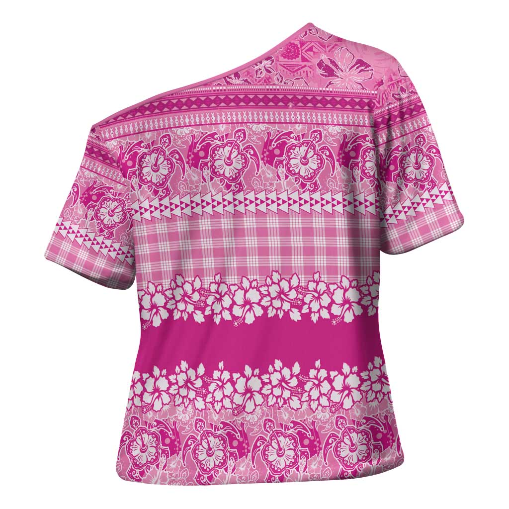 Hawaiian Hibiscus Honu Cross Shoulder Shirt Pink Mele Kalikimaka Palaka Spirit LT9 - Polynesian Pride